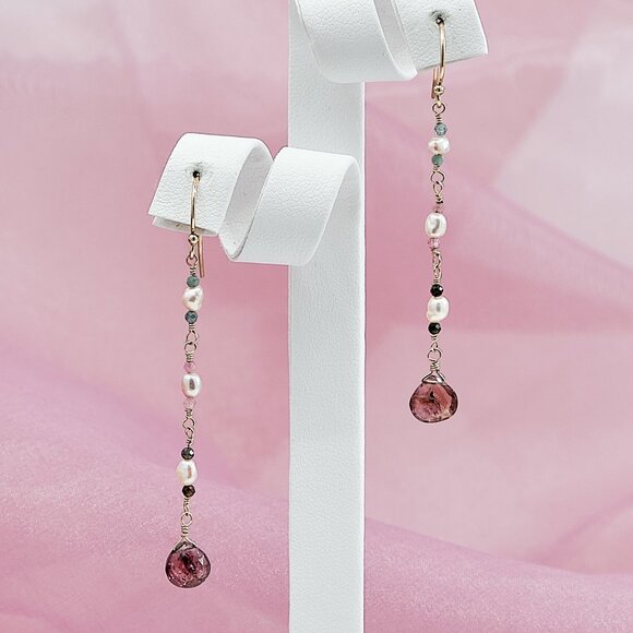 Tourmaline & Small Pearls Dangle Earrings, 14K Gold Filled Dainty Earrings - Picture 1 of 9